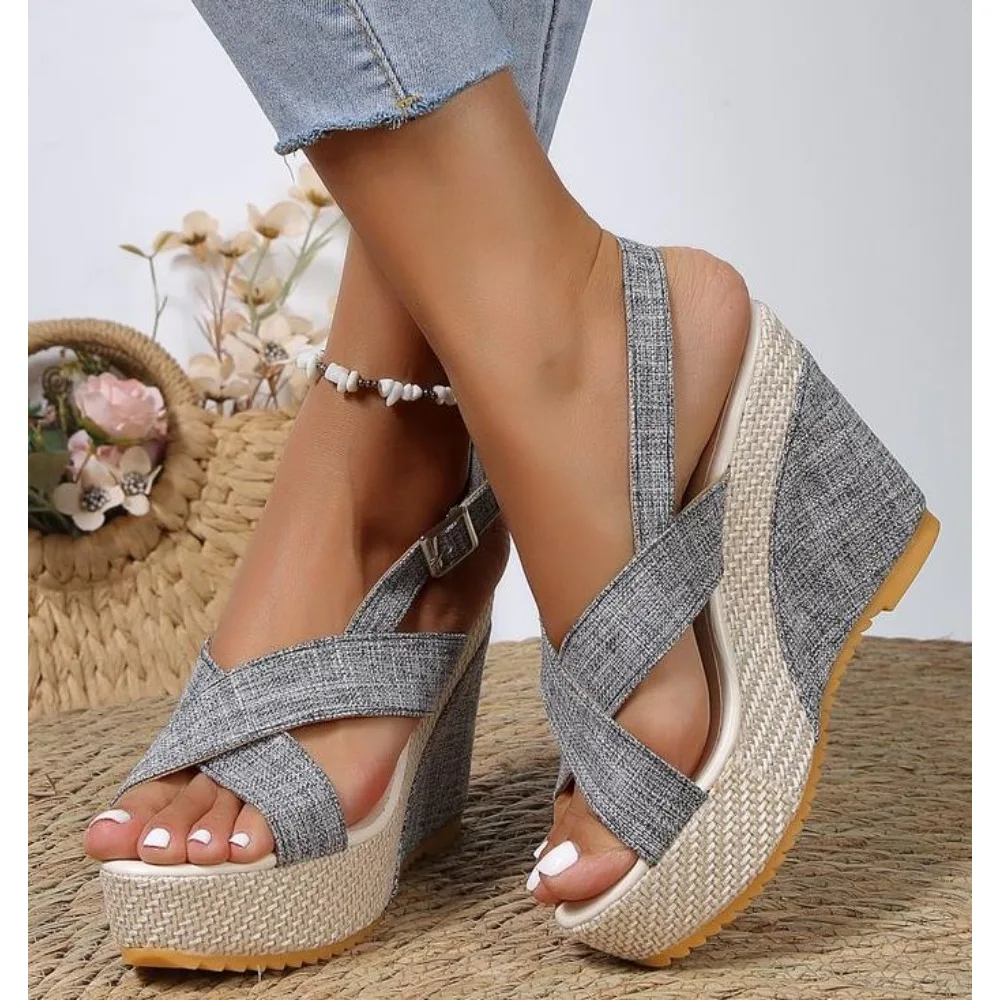 Sandalias de cuña con hebilla en el tobillo para Mujer, zapatos de mezclilla cómodos, suela gruesa, talla grande 35-42, Verano