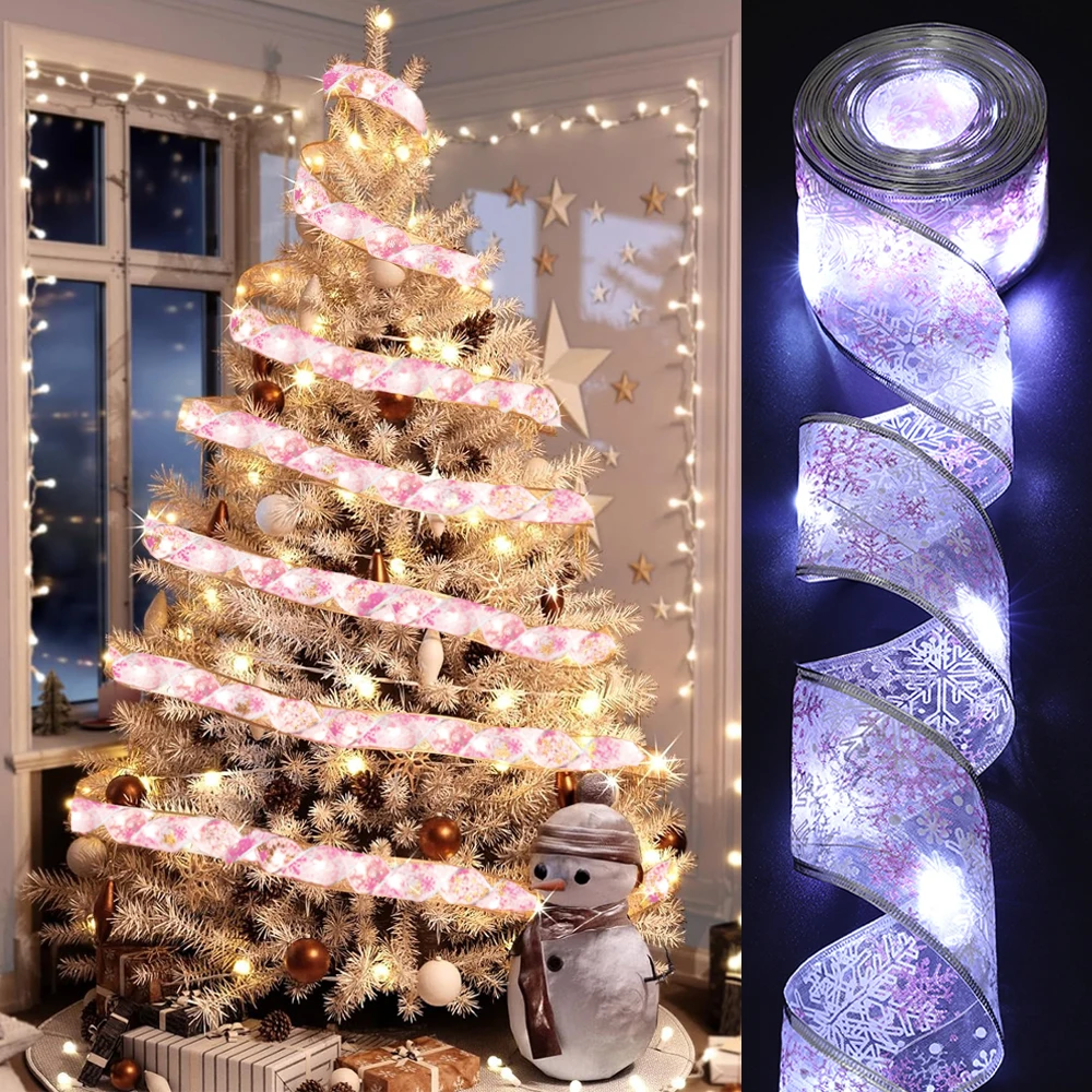 10/5M Christmas Snowflake LED Ribbon Light Red Pink Blue Snow Fairy String Light Xmas Tree DIY Bow 2024 New Year Christmas Decor