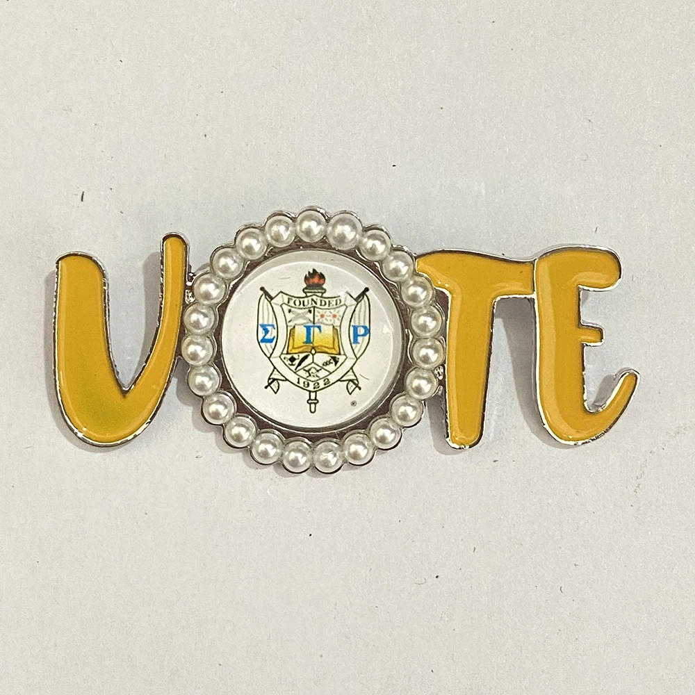 Sigma Gamma Rho badge Greek letter VOTE brooch