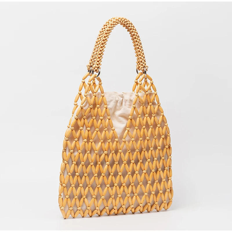 Ahornholz-Perlen-Handtasche, Damen Große Kapazität Hohle Strand-Urlaubstasche, Sommerliche Lässige Schicke Handgewebte Tragetasche – Detail 21
