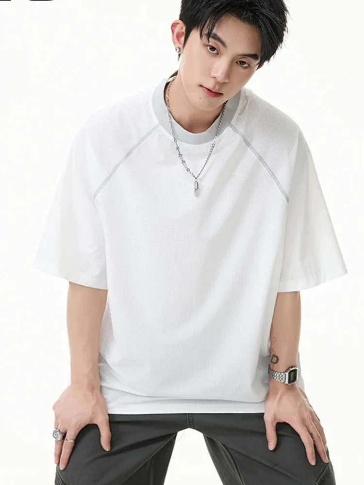 T Minimalist Men's Shirt Textured Fabric Contrast Collar Oversized Fit Short Sleeve Casual Daily Pullover Top WXK8