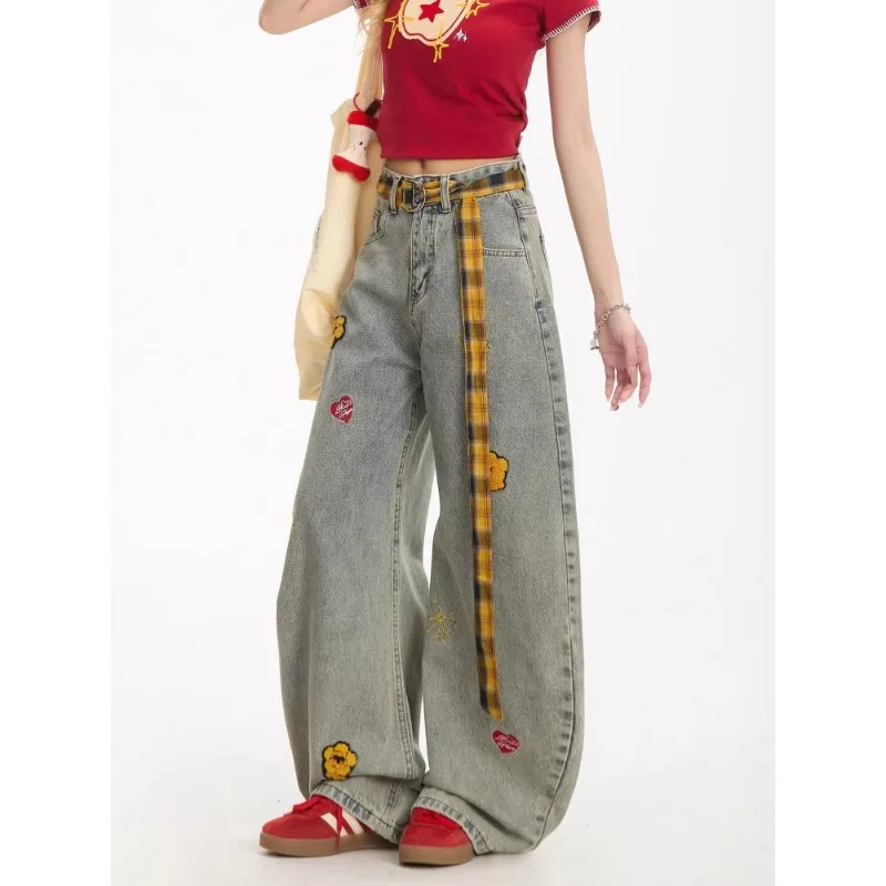 

Cartoon Embroidery Women's Clothing Retro Baggy Pants Y2k Jeans Loose Check Belt American Style Woman Trousers Wide Legs Acubi