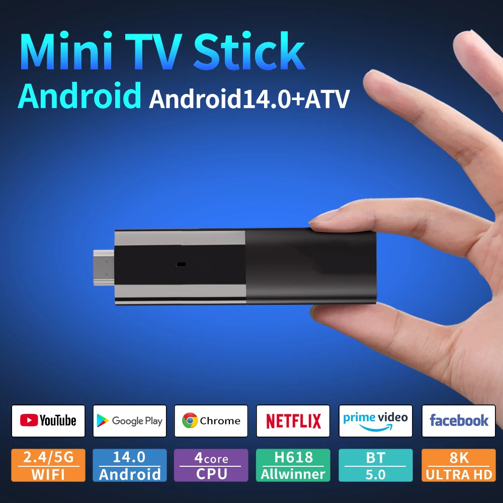 Android 14 ATV Smart TV Stick Support 8K Video 4K BT5.0 WiFi 6 Allwinner H618 Quad Core Cortex A53 Voice Remote Smart TV Box