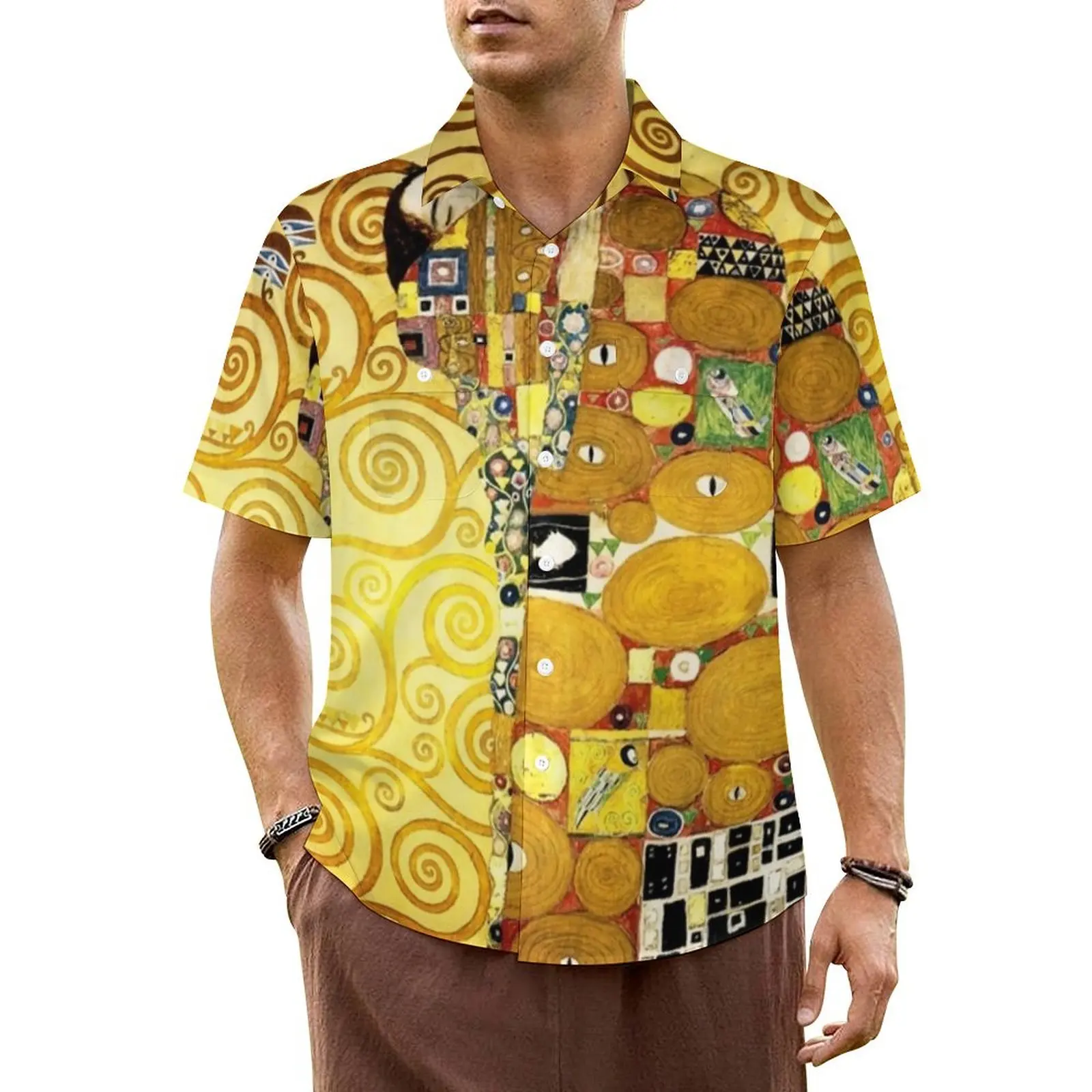 

Gustav Klimt Hawaii Shirt For Male Vacation The Embrace Print Casual Shirts Short Sleeves Y2K Street Elegant Oversized Blouses