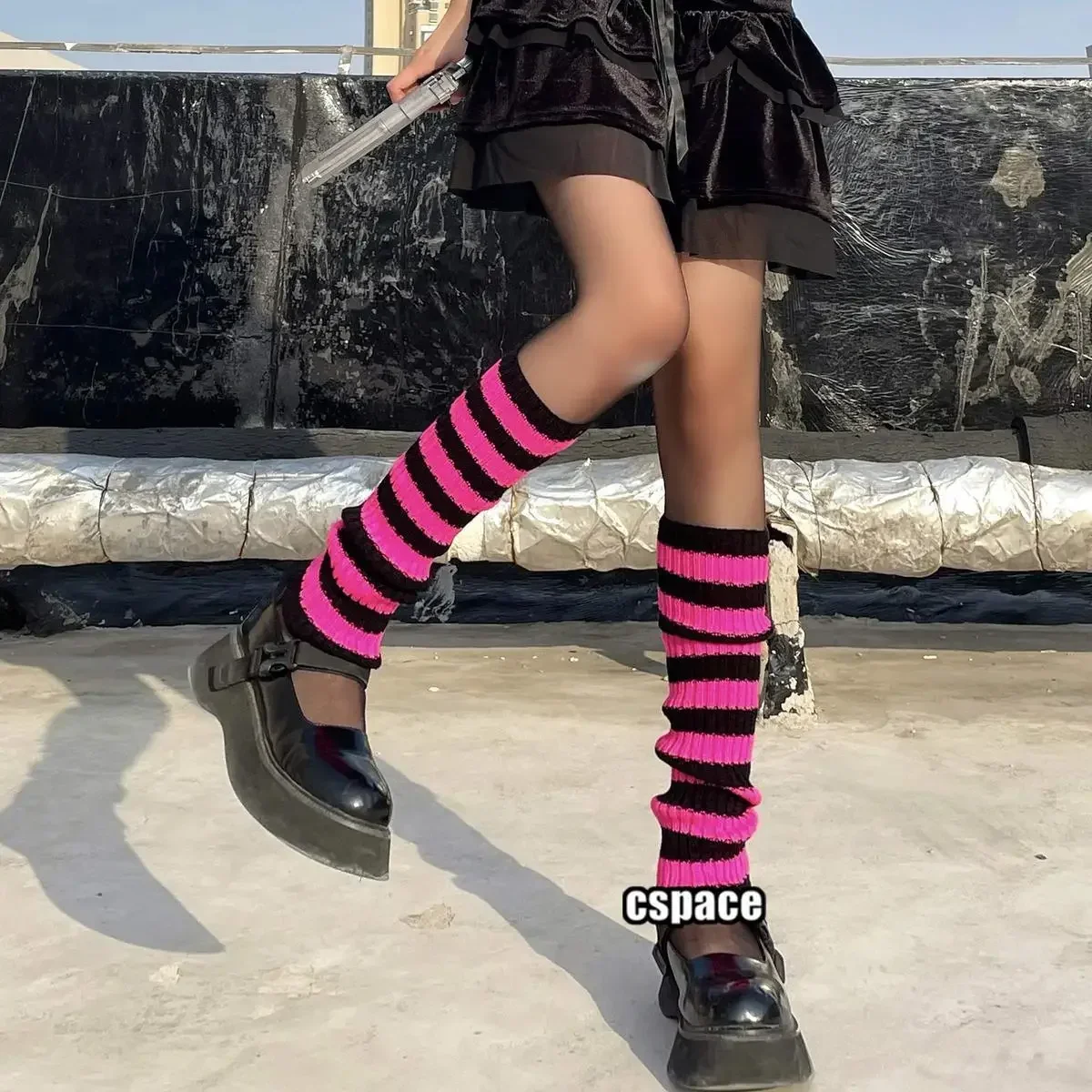 Y2k Goth Lolita Girls Cute Striped Knit Leg Warmers JK Uniform Gothic Women Leggings Gaiters Knee Knitted Cuffs Ankle Warmer