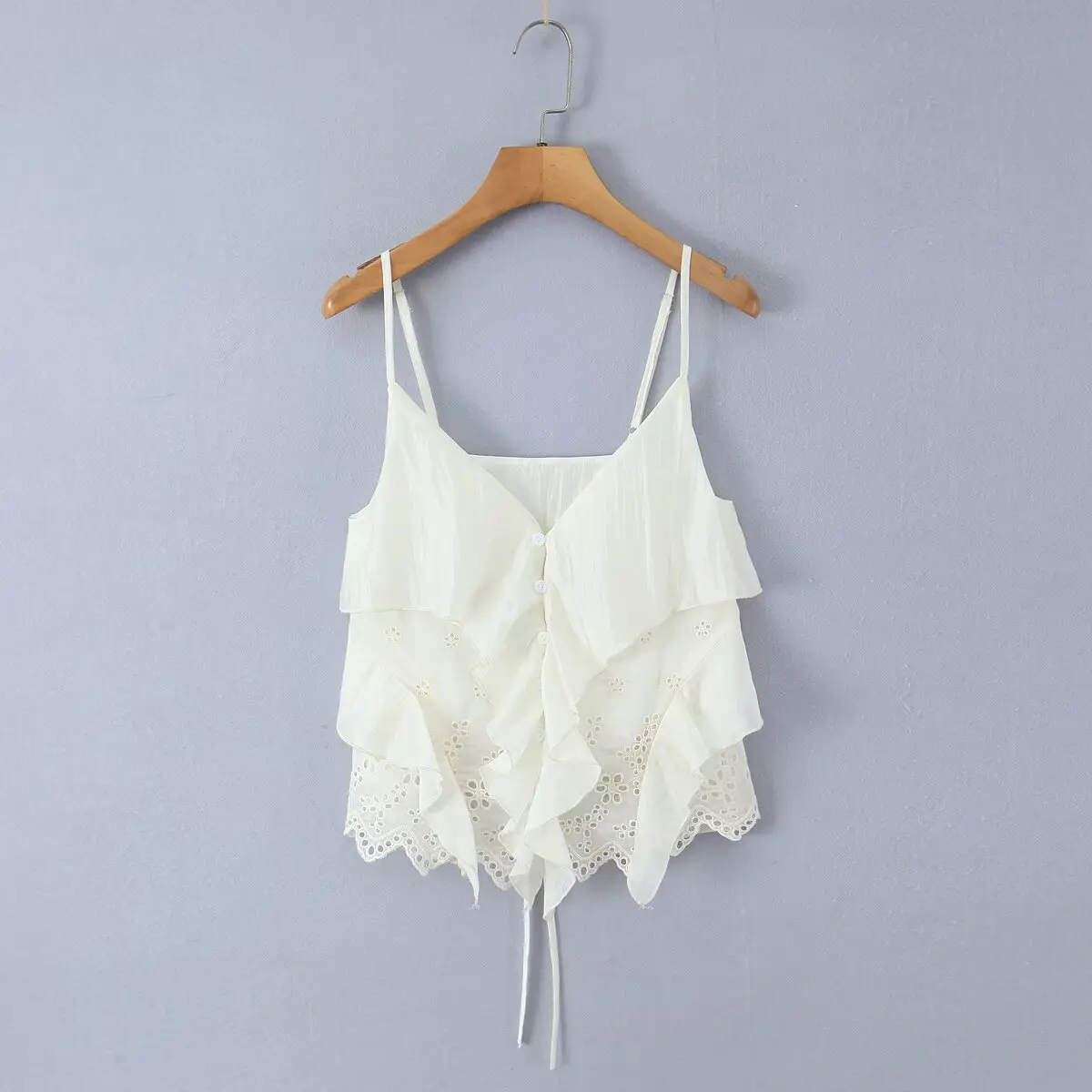 

Women's Ruffled Lace Trim Loose Pants For Woman White Ruffled Embroidery Camisole Straps Button Front For Sweet Summer Look WM6E