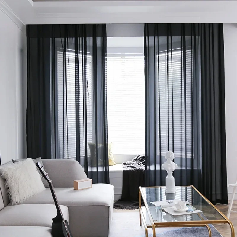Solid Black Chiffon Sheer Curtains for Living room Window Curtains Modern Organza Tulle Curtains for Bedroom Partition Drapes