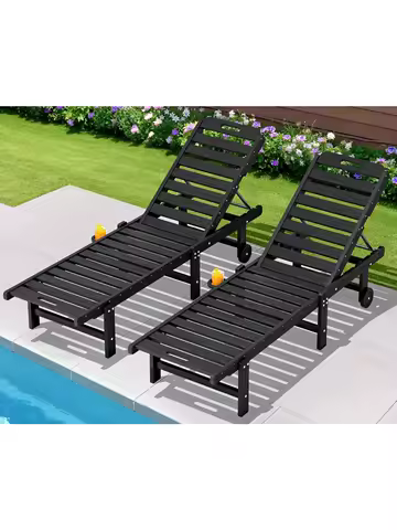 PChaise Lounge Chair Set of 2,5 Positions Adjustable Pool Lounge Chair with Rolling Wheels for Poolside, Deck,Sunbathing,