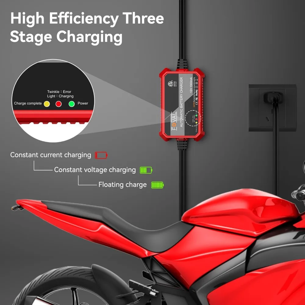 [عبوة من قطعتين] شاحن هزيلة أوتوماتيكي بالكامل، شاحن بطارية السيارة الذكية 1000 مللي أمبير 12 فولت، صيانة البطارية، شاحن عائم للموتو