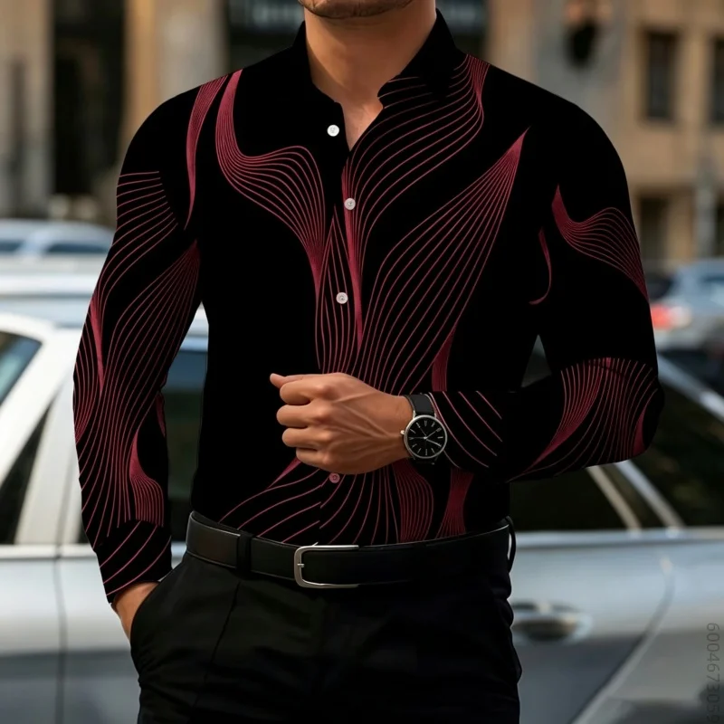 Trendy men's long sleeved shirt with flowing curves and printed lapel tops for parties, outdoor gatherings, and versatile shirts