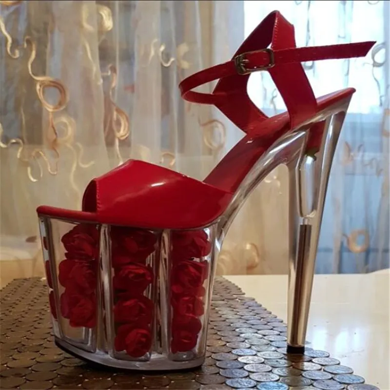 

8 inch, transparent crystal rose platform Roman , 20 cm heels, romantic wedding bride shoes, party stage runway dance shoes