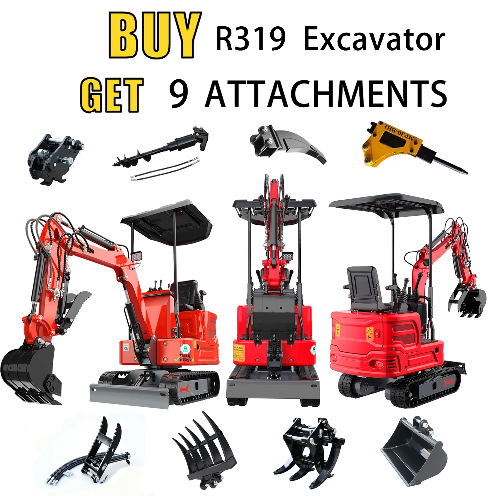 MACHPRO 2800lbs R319 Mini Excavator Kubota Engine,with Hydraulic Thumb Clamp,Pilot Control & 9 Attachments C