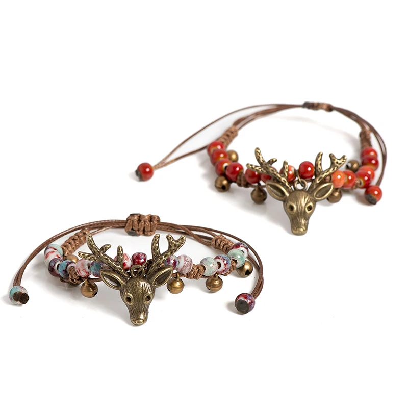

Керамический браслет в стиле ретро с головой оленя, регулируемый плетеный браслет ручной работы в стиле бохо, уникальный браслет, ювелирные аксессуары, подарки