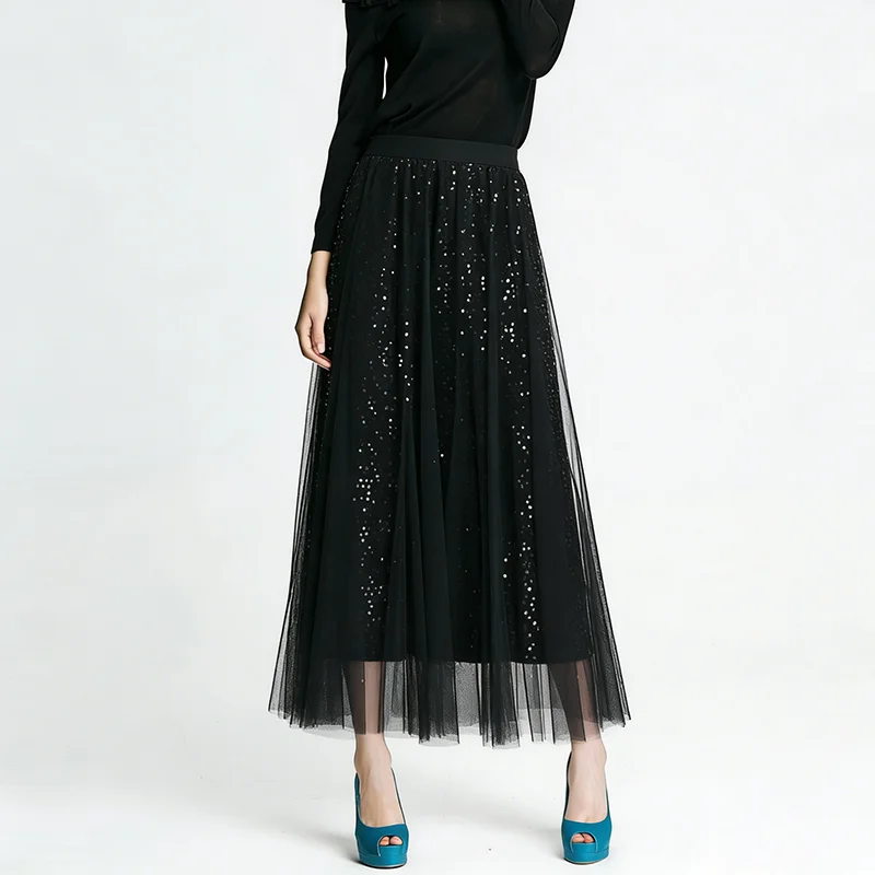 

New Fashion Woman's A-line Mesh Pleated High Waist Elastic Sequin Skirt PY26036