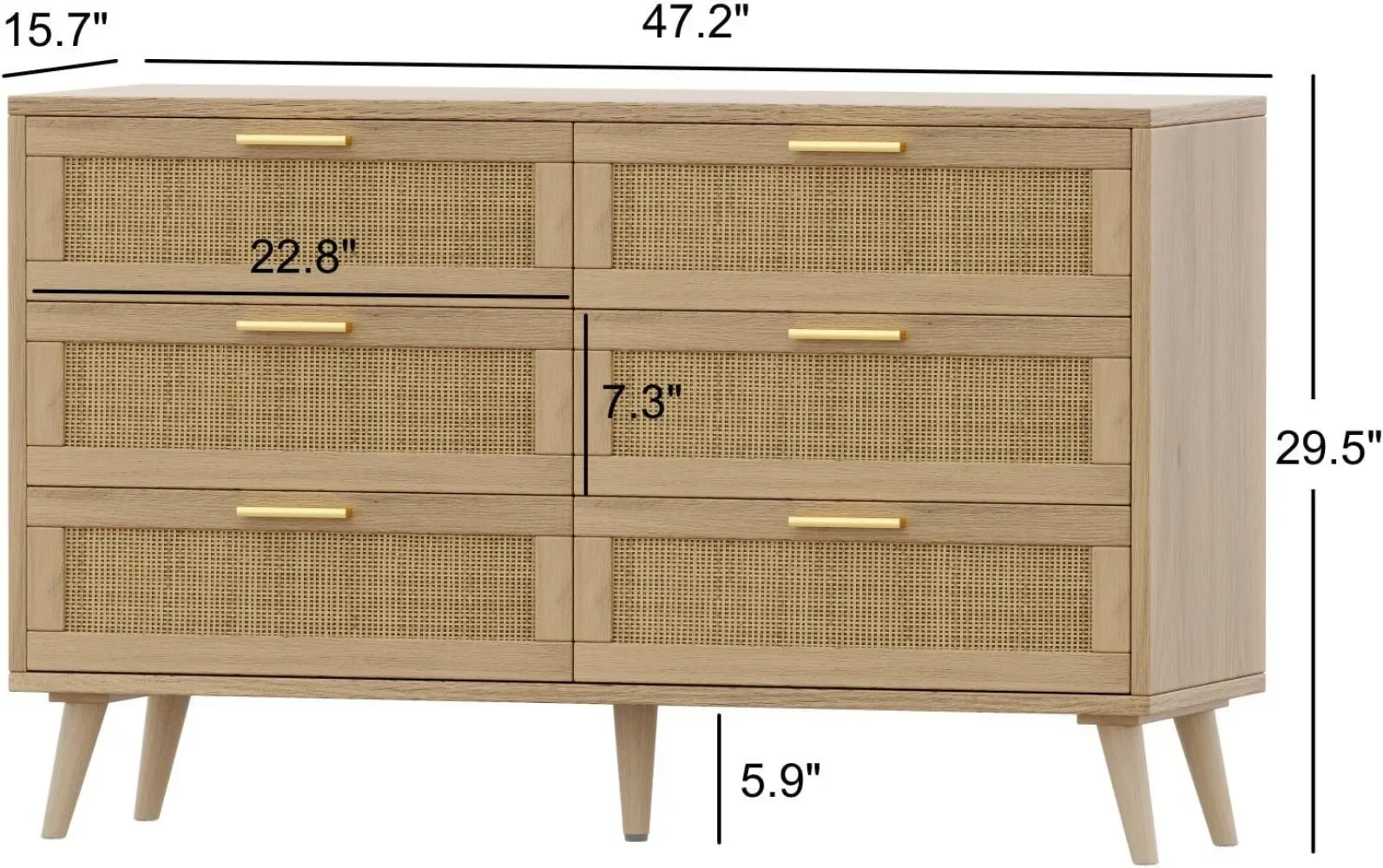 6 Drawer Double Dresser for Bedroom, Rattan Chest of Dressers, Modern Wooden Dresser Chest with Golden Handles