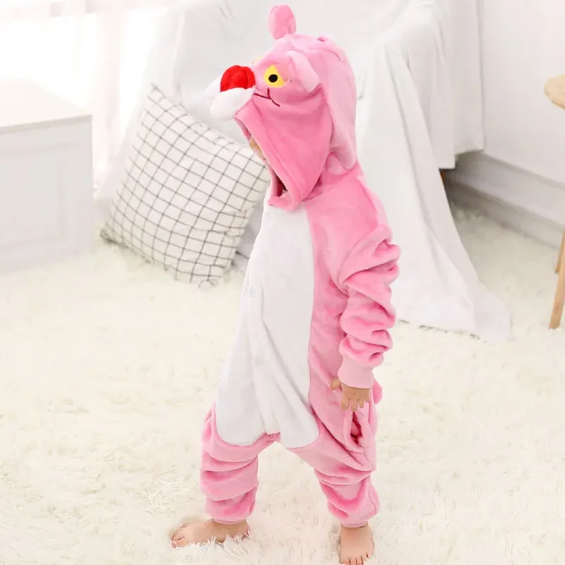 Cute Pink Kigurumis Panther Onesie Kid Boy Girl Pajama Animal Sleepwear Funny Jumpsuit Winter Warm Flannel Overalls Party Outfit