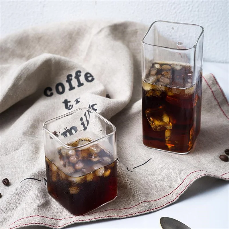 

2pcs/Lot Simple Large Square Glass Coffee Mugs Transparent Ice Cold Drink Cup Milk Juice Water Cup Mousse Cup Wine Glass