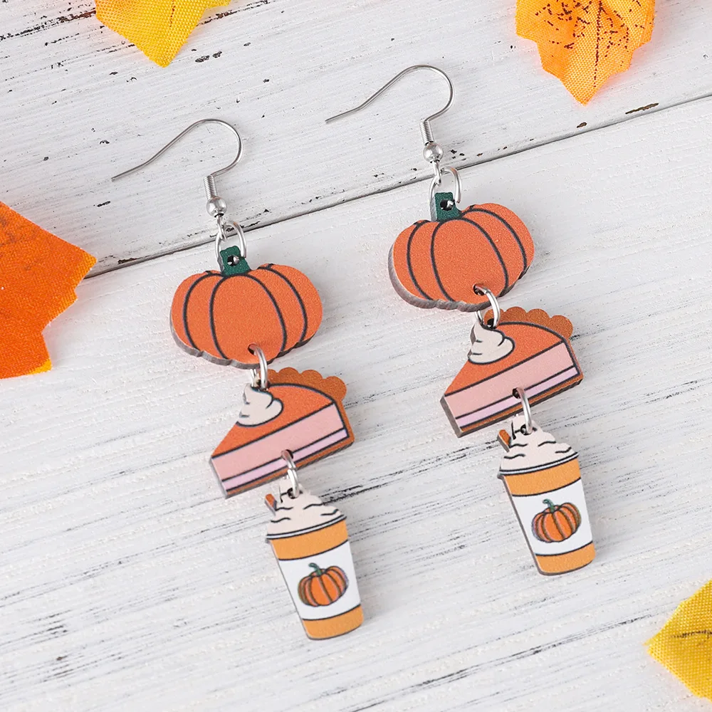 New Thanksgiving Pumpkin Maple Leaf Cute Dwarf Elderly Pendant Earrings Autumn Harvest Cup Pendant Thanksgiving Wooden Earrings