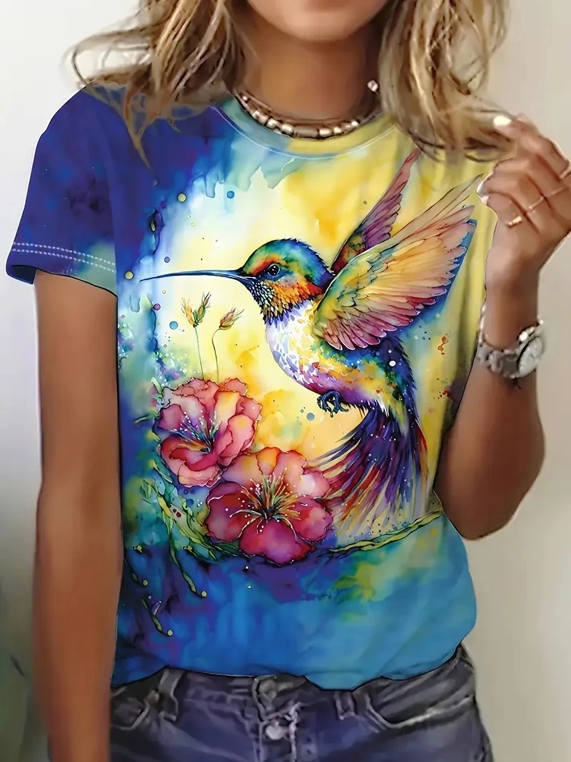 Women's PLUS Size 3D Animal Bird Print Short Sleeved T-shirt, Loose and Casual, Soft, Comfortable and Breathable, Outdoor Sports