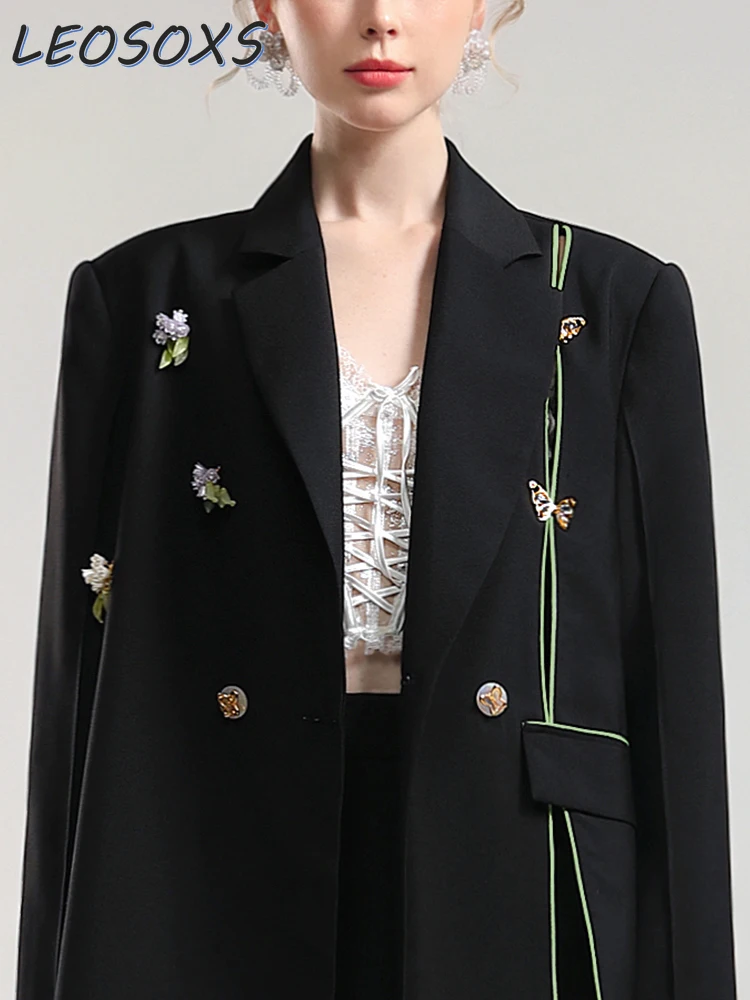 New Chinese Crystal Bouquet Suit Jacket Women 2024 Autumn New Three-Dimensional Butterfly Black Loose Blazer Coat High Street