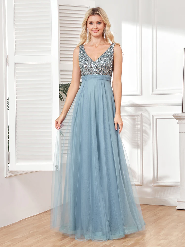 

XUIBOL Elegant V-Neck Sequin Blue Evening Dress Long 2024 Luxury Chiffon Sleeveless Dress Wedding Party Maxi Prom Graduation Dre