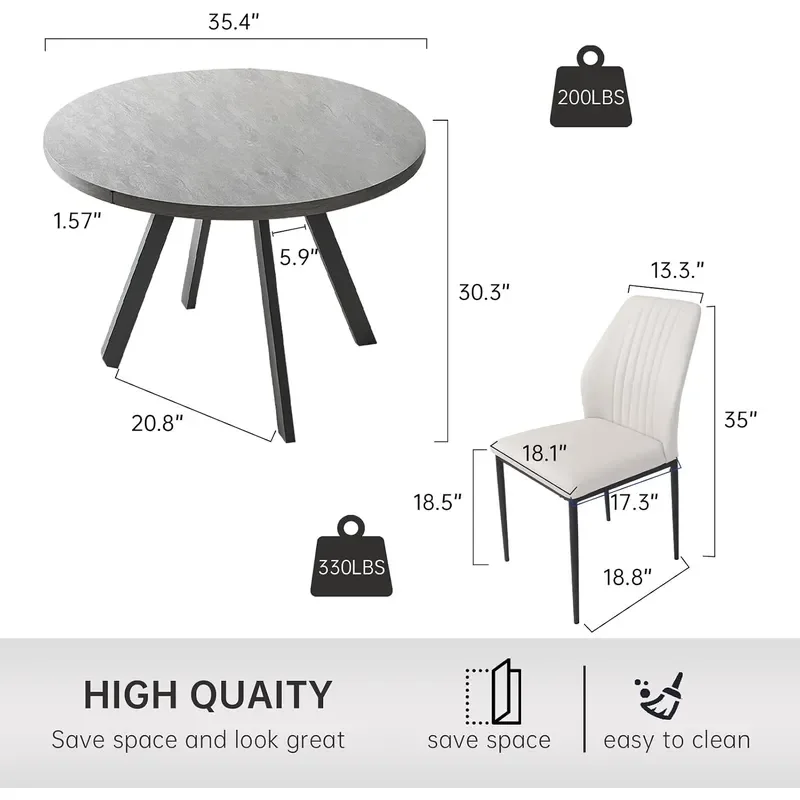 34.6 Round Dining Table and Chairs for 2 Space Saving Modern Casual Coffee Table Set for Apartment Kitchen Dining Room Grey