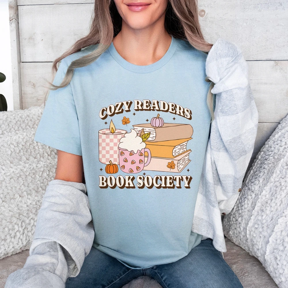 Bookish T-Shirt Cozy Readers Book Society Shirt Trendy Autumn Shirts Fall Vibes Top Book Lover Tshirt Women’s Graphic Clothes