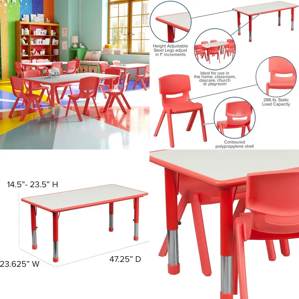 طاولة أنشطة بلاستيكية حمراء و6 كراسي مجموعة من EMMA + OLIVER، عرض 23.625 × 47.25 طويلة