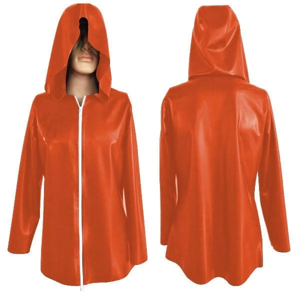 

Latex Rubber Gummi Coat Orange Front zipper Windbreaker Hood Suit Size XS~XXL