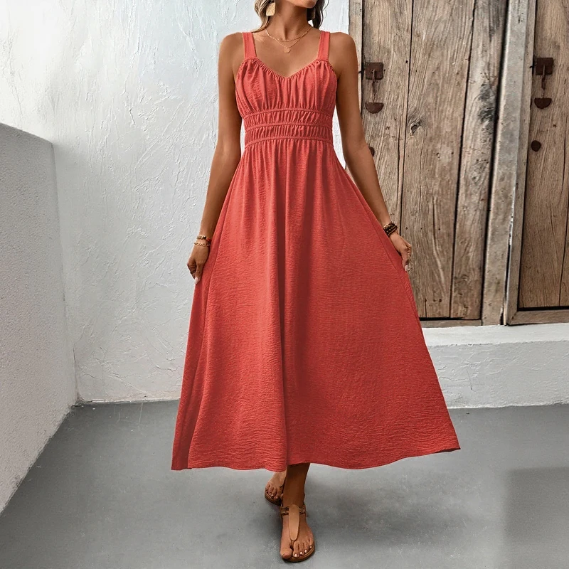 Dames kastanjebruine cami midi-jurk met gesmokte taille, mouwloos, casual zomervakantie, dagelijks feest, Boho