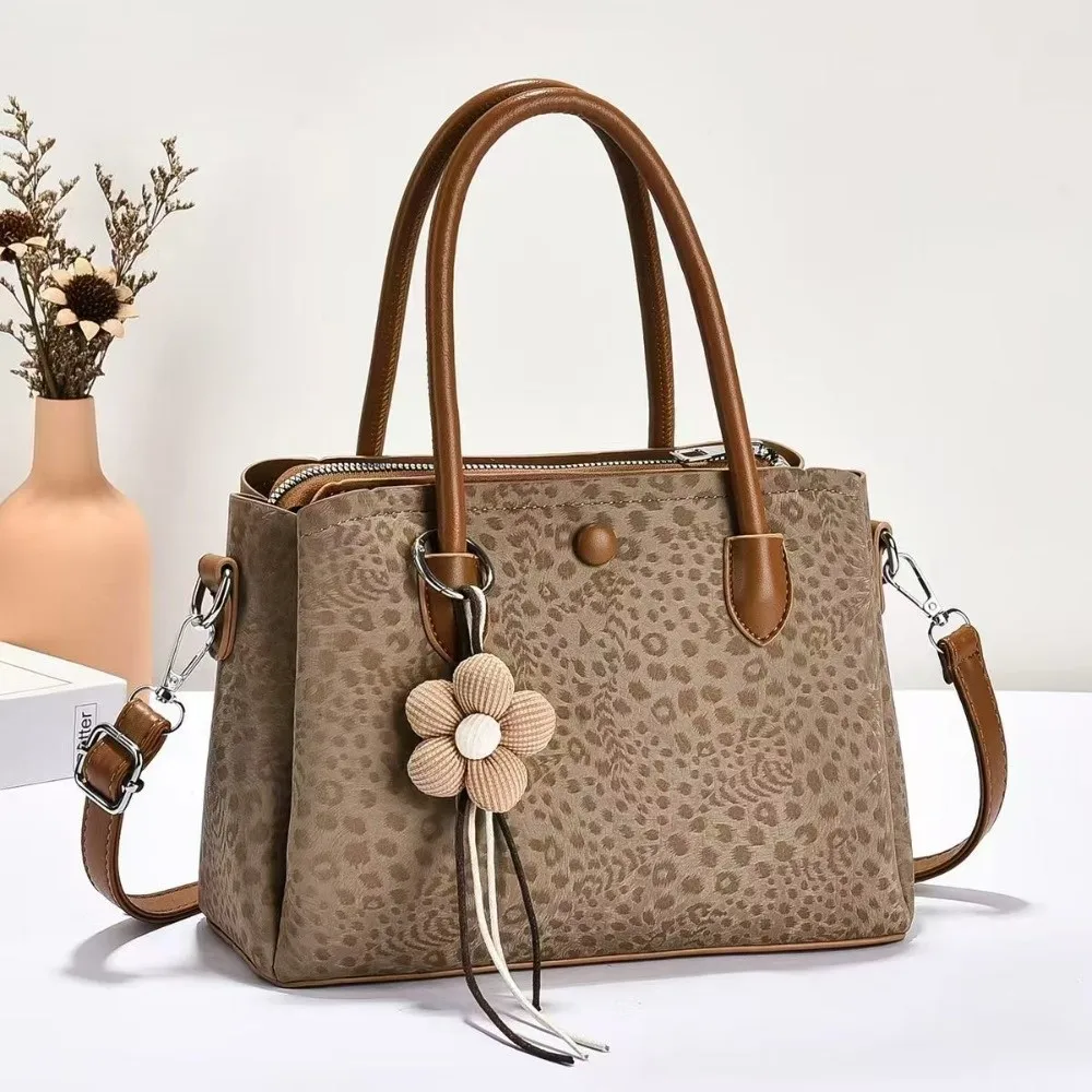 PU Leopard Print Shoulder Bag Multi Layer Large Capacity Crossbody Bag with Pendant Textured Look Women's Handbag