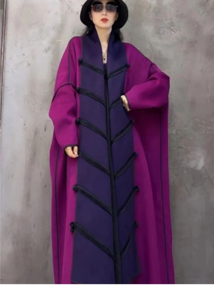 Vefadisa 2024 Autumn New Purple Disc Buckle Design Women Trench Coat V-neck Long Sleeve Long Coat Temperament Loose Coat ZXY77A