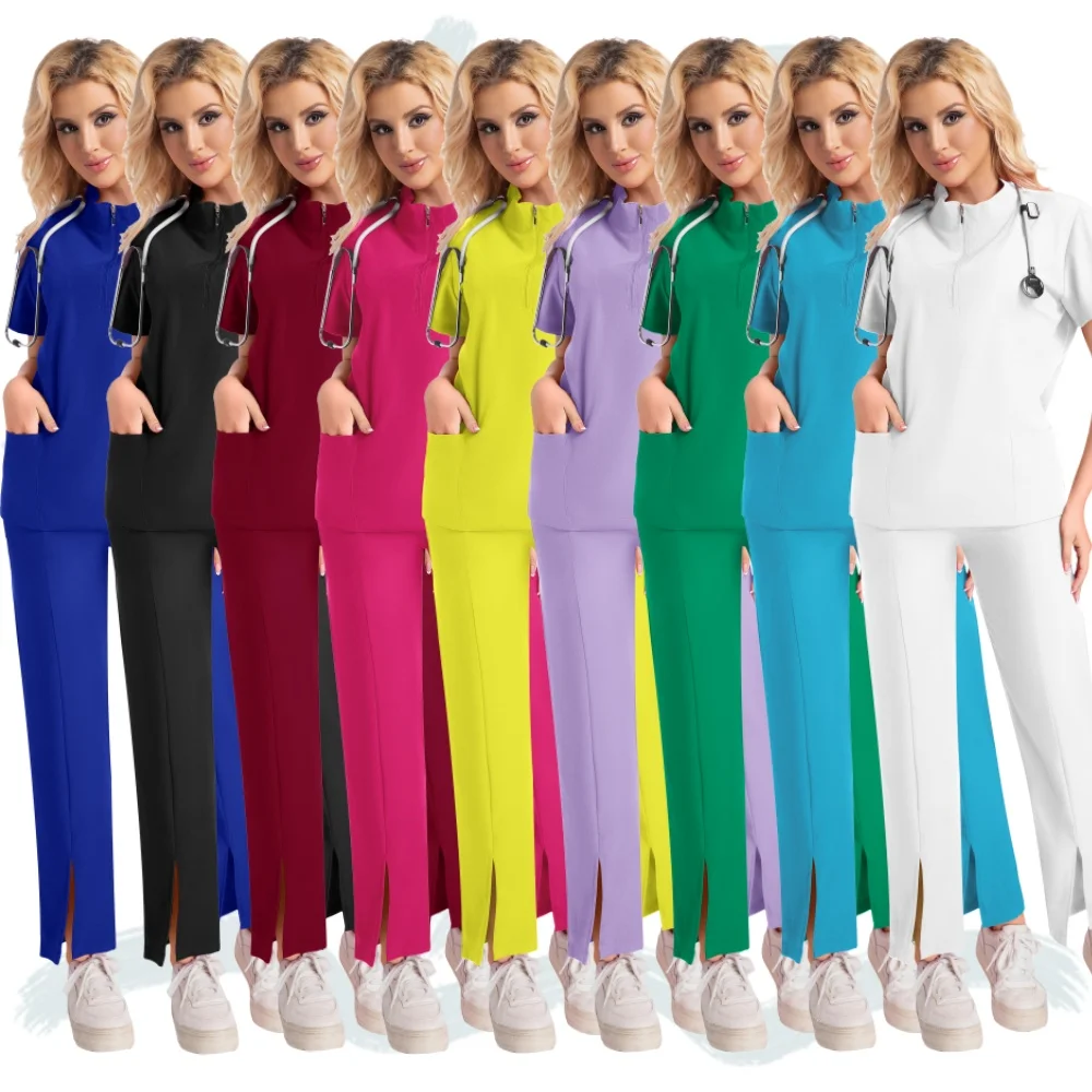 Combinaison de travail de haute qualité pour Spa, uniforme d'hôpital pour infirmières, ensembles de frottement pour femmes, ensemble de gommage à fermeture éclair, uniformes médicaux à manches courtes