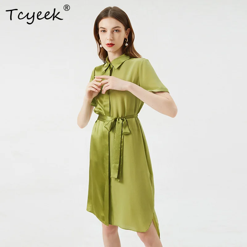 Tcyeek puro 100% seda elegante vestidos de cetim cor sólida manga curta rendas vestido de festa casual para mulheres senhora do escritório d3n229qm