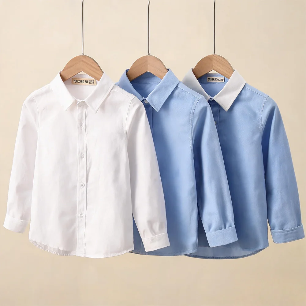 Boys Long Sleeve Shirt Kids Turn-down Collar Button Up Blouse Children Formal School Uniform Dress Solid Color Cotton Shirts