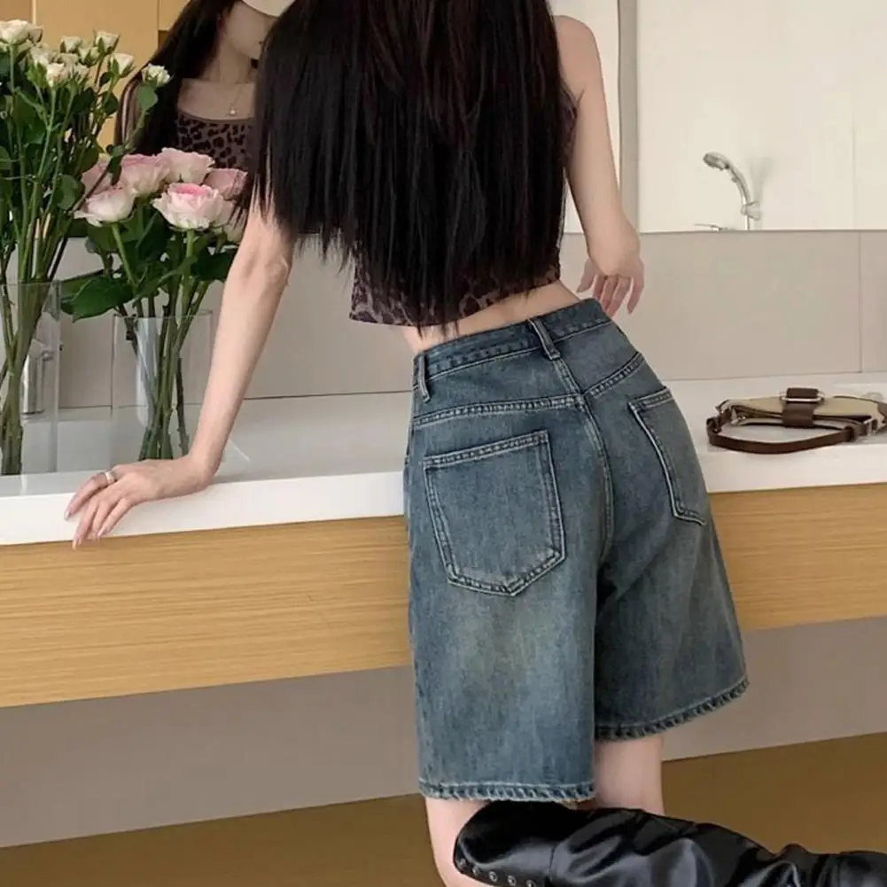 Lady Straight Shorts Vintage High Waist Denim Shorts for Women Wide Leg Streetwear Jeans with Button Closure Zipper Knee Length