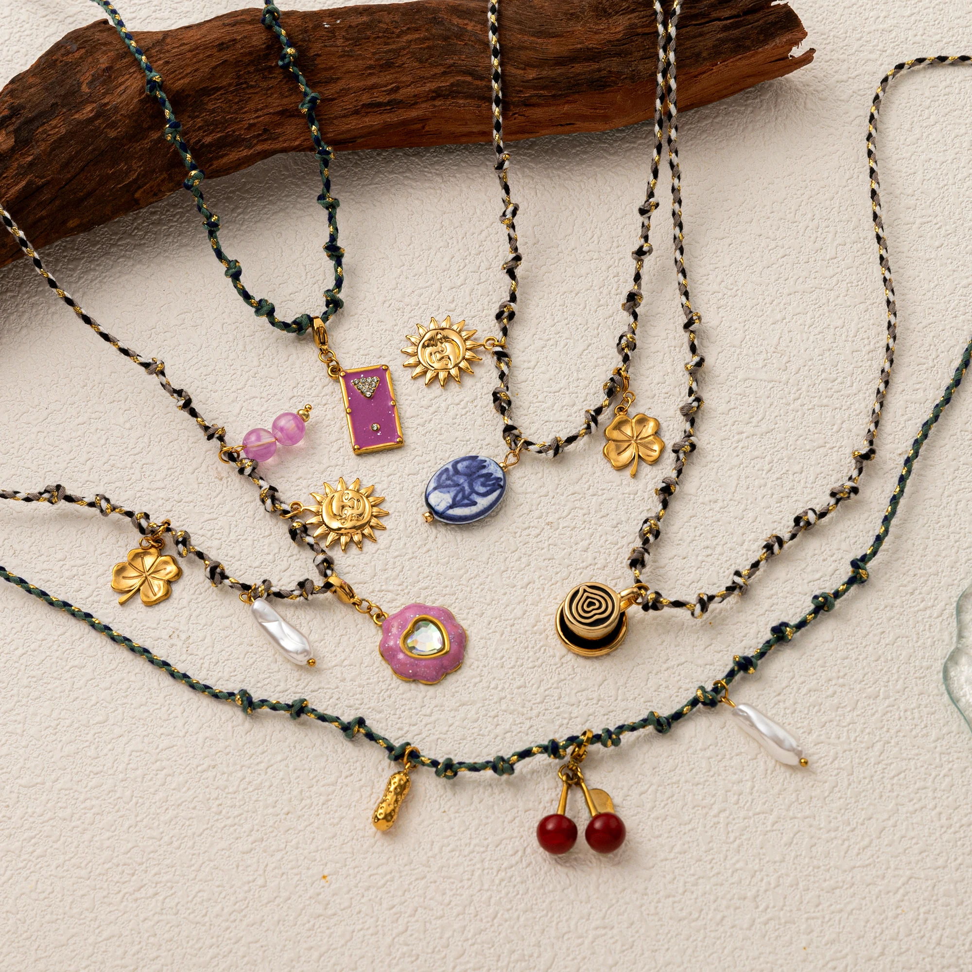 

Boho Charm Pendant Necklace, 18K Gold Plated Stainless Steel, Sun Clover Cherry Amulet Jewelry, Vintage Y2K Gift for Her