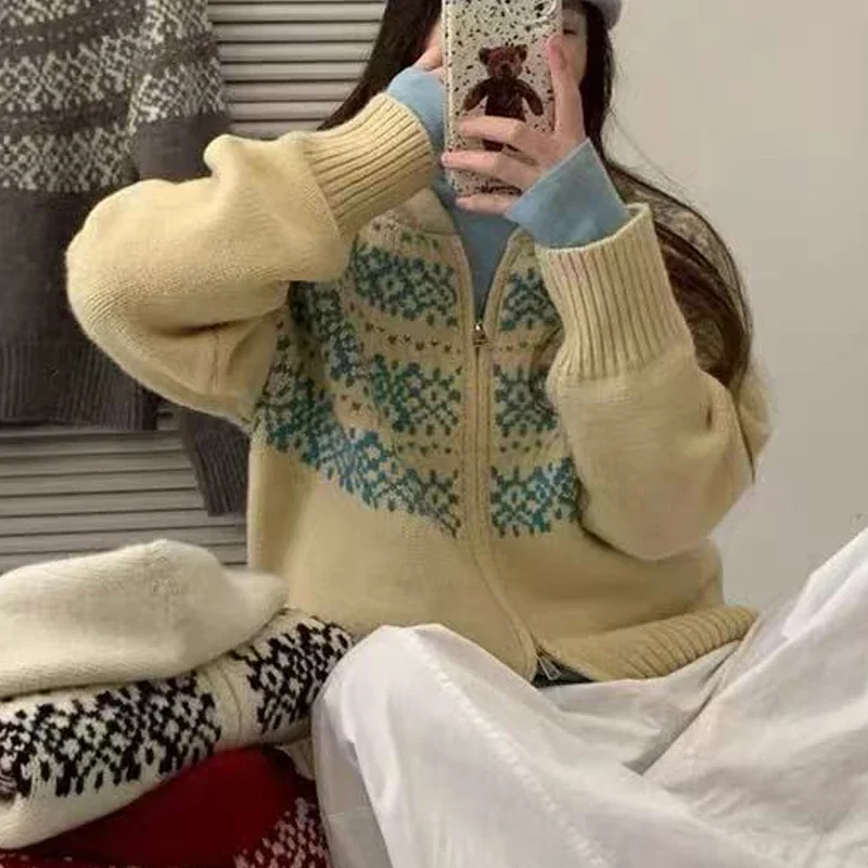 الرجعية الحلو الكورية الجاكار مقنعين محبوك المرأة سترة معطف الخريف الشتاء موضة عادية اللون التباين سستة سترة جديد #6