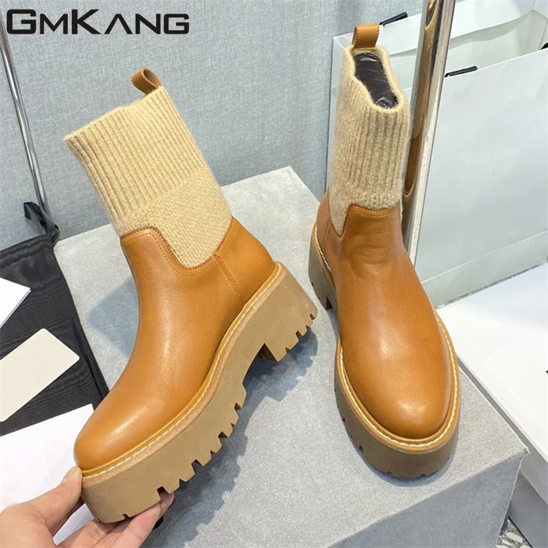 Thick Sole Short Boots Woman Patchwork Brown Black Knit Boots Female Round Toe Motorcycle Boots Women Flat Shoes For Women