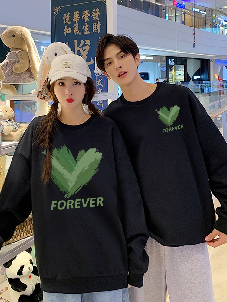 Green Love Heart Print Matching Round Neck Couple Friend Hoodies Sweatshirts For Girlfriend Boyfriend Autumn Winter Custom