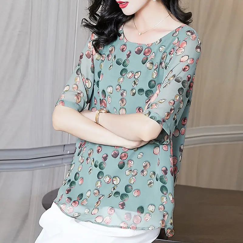 Office Lady Polka Dot Printed Chiffon Blouse Summer Stylish Elegant Round Neck Loose Female Korean Spliced Half Sleeve Shirt New