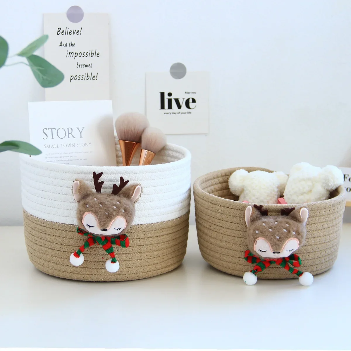 Hand woven home storage box Cute desktop snack organizing basket Foldable Ins Cartoon miscellaneous cosmetics Accept Case