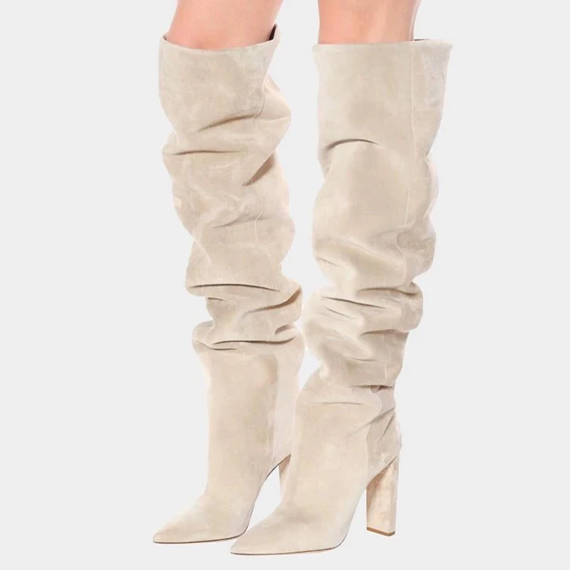 

Fashion Chunky High Heels Beige Nubuck Thigh Boots Square Heels Pointed Toe Loose Slip On Nutural Draped Over Knee Suede Boots