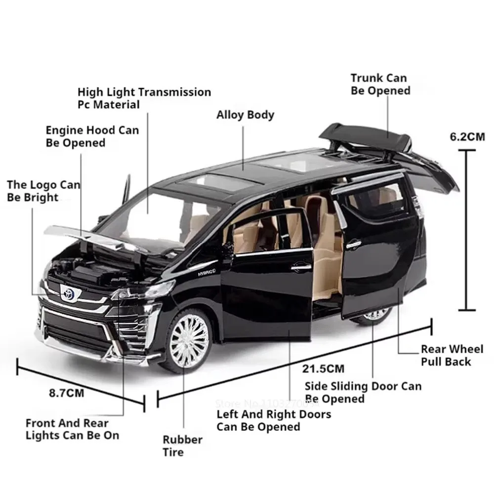 Modèle réduit de voiture Toyota Vellfire en alliage moulé sous pression, échelle 1:24, MPV, son et lumière, portes ouvertes, nervure arrière, véhicules de simulation, cadeaux pour enfants