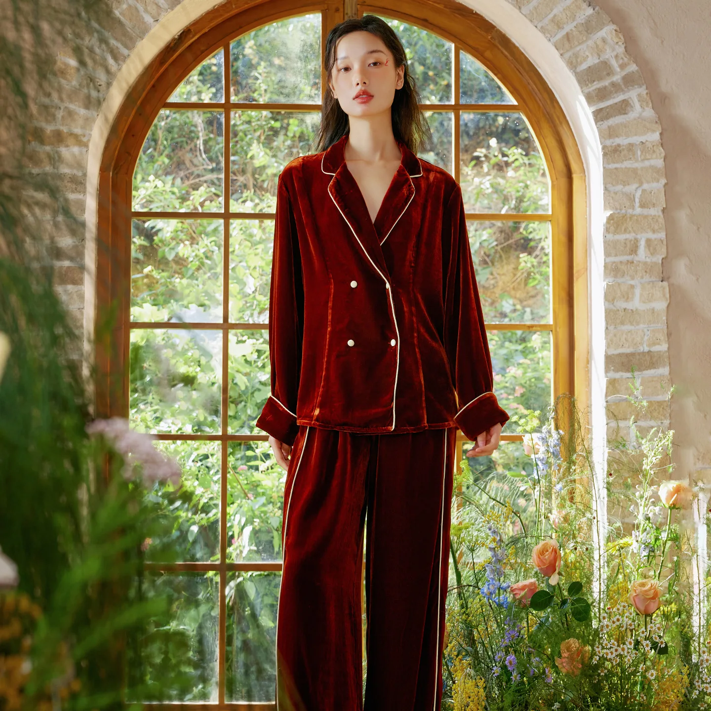 Mulberry Silk Velvet Women Pajamas Set Classic Retro 2Pcs Casual Loungewear Luxury Soft Warm Home Sleepwear Suit