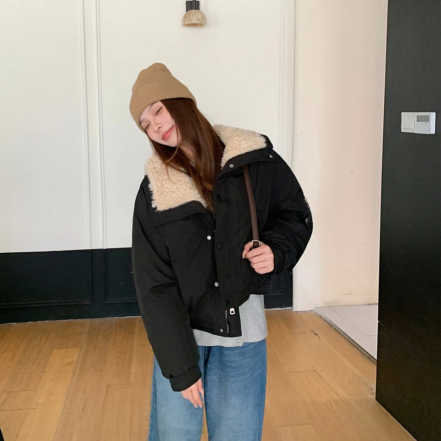 Women Short Parkas Coats Solid Jacket Zipper Pocket Turn Down Collar Long Sleeve Loose Fit Casual Office Lady 2025 Autumn Winter