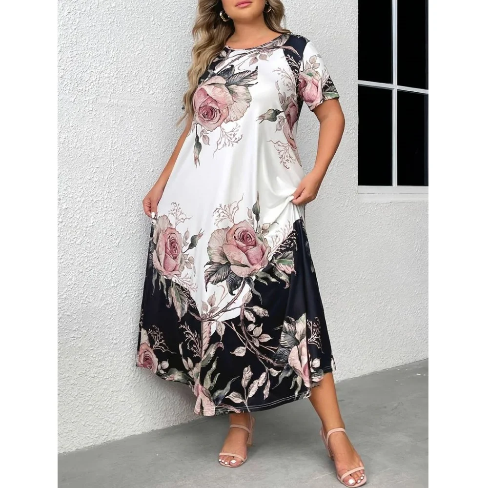 Summer Elegant O-Neck Dresses Fashions Flowers Printed Dress Clothing Women's Short Sleeve Oversize Loose Streetwear 2024 New