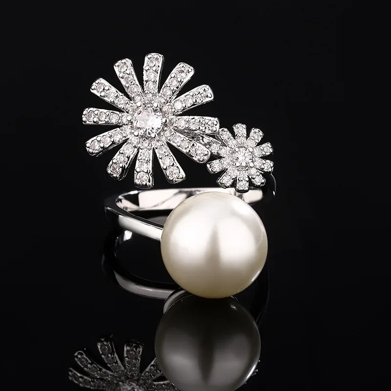 New High-end Jewelry Luxury Inlaid Copper-plated Platinum Inlaid Pearl-encrusted Diamond Flower Women's Ring 14mm Jewelry