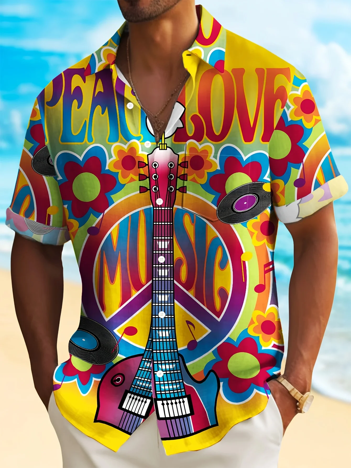 Hippie Shirts Peace Love Guitar Floral Music Print Loose Vacation Short Sleeve Lapel Tops Men Clothes
