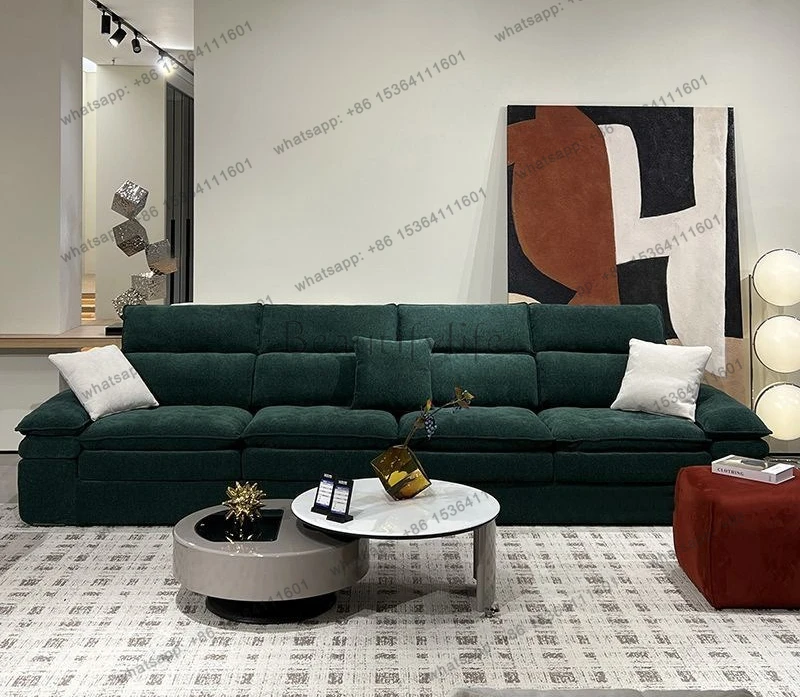 Fully removable and washable retro French high backrest cotton and linen sofa fabric dark green advanced straight row